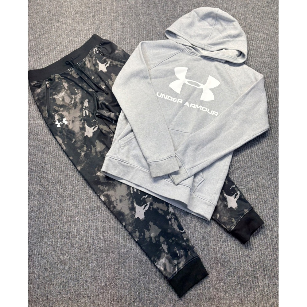 Under Armour Kids ColdGear Hoodie and Camo Joggers Set Gray Black Youth Medium